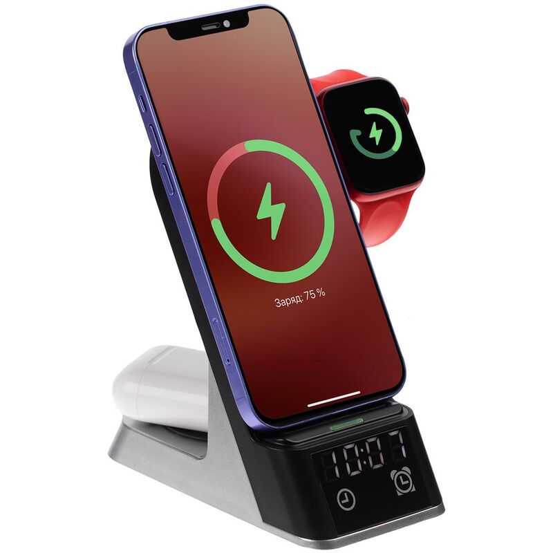 Зарядная станция с часами E-Store для смартфона, часов и наушников, черная арт.14939.30